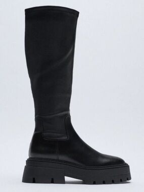 Zara Black Chunky Lug Sole Knee-High Sock Leather Boots